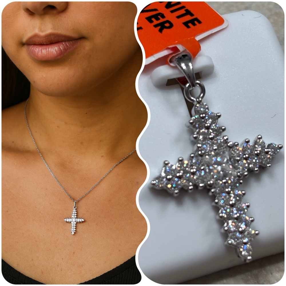 Moissanite 1.5 CTW over rhodium plated 925 Silver Cross Pendant
